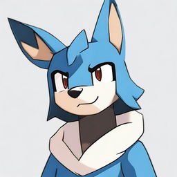 A shy Lucario, a Pokemon, expressing embarrassment with cheeks blushing and eyes looking downwards.