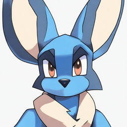 A shy Lucario, a Pokemon, expressing embarrassment with cheeks blushing and eyes looking downwards.