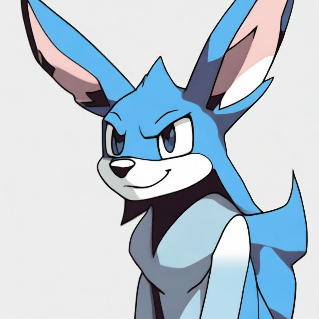 A shy Lucario, a Pokemon, expressing embarrassment with cheeks blushing and eyes looking downwards.