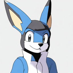 A shy Lucario, a Pokemon, expressing embarrassment with cheeks blushing and eyes looking downwards.