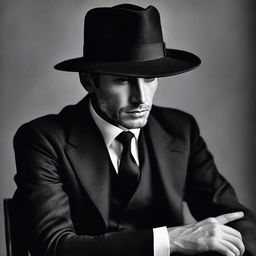 A man sitting, dressed in a black suit and black hat, in deep thought, for a book cover.