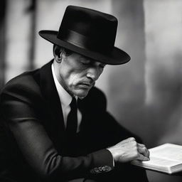 A man sitting, dressed in a black suit and black hat, in deep thought, for a book cover.