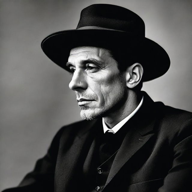 A man sitting, dressed in a black suit and black hat, in deep thought, for a book cover.