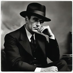 A man sitting, dressed in a black suit and black hat, in deep thought, for a book cover.