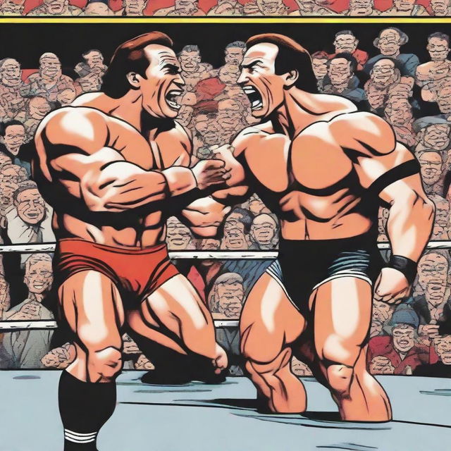 A comic-style image of a muscular Arnold Schwarzenegger, in his wrestling attire, playfully grappling with a surprisingly spry old man, who is cackling with delight. The backdrop is a wrestling ring surrounded by a thrilled crowd.