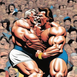 A comic-style image of a muscular Arnold Schwarzenegger, in his wrestling attire, playfully grappling with a surprisingly spry old man, who is cackling with delight. The backdrop is a wrestling ring surrounded by a thrilled crowd.