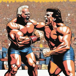 A comic-style image of a muscular Arnold Schwarzenegger, in his wrestling attire, playfully grappling with a surprisingly spry old man, who is cackling with delight. The backdrop is a wrestling ring surrounded by a thrilled crowd.