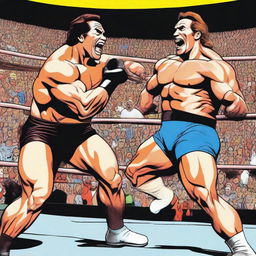 A comic-style image of a muscular Arnold Schwarzenegger, in his wrestling attire, playfully grappling with a surprisingly spry old man, who is cackling with delight. The backdrop is a wrestling ring surrounded by a thrilled crowd.