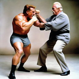 An action-packed image depicting Arnold Schwarzenegger, dressed as a bodyguard, in a playful wrestling stance with a spirited old man. Include details such as Schwarzenegger's muscular build, the old man's toughness, and the amused reaction of onlookers.