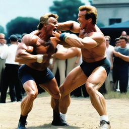 An action-packed image depicting Arnold Schwarzenegger, dressed as a bodyguard, in a playful wrestling stance with a spirited old man. Include details such as Schwarzenegger's muscular build, the old man's toughness, and the amused reaction of onlookers.