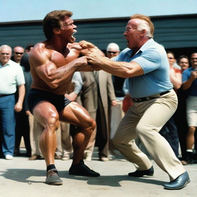 An action-packed image depicting Arnold Schwarzenegger, dressed as a bodyguard, in a playful wrestling stance with a spirited old man. Include details such as Schwarzenegger's muscular build, the old man's toughness, and the amused reaction of onlookers.