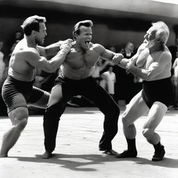 An action-packed image depicting Arnold Schwarzenegger, dressed as a bodyguard, in a playful wrestling stance with a spirited old man. Include details such as Schwarzenegger's muscular build, the old man's toughness, and the amused reaction of onlookers.