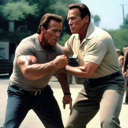 A tense scene captured in photorealistic detail of Arnold Schwarzenegger, as a sturdy bodyguard, adroitly immobilizing an old man using a professional restraining technique. The old man is depicted as not being in distress, just surprised.