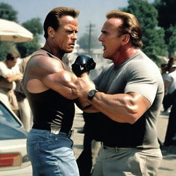 A tense scene captured in photorealistic detail of Arnold Schwarzenegger, as a sturdy bodyguard, adroitly immobilizing an old man using a professional restraining technique. The old man is depicted as not being in distress, just surprised.