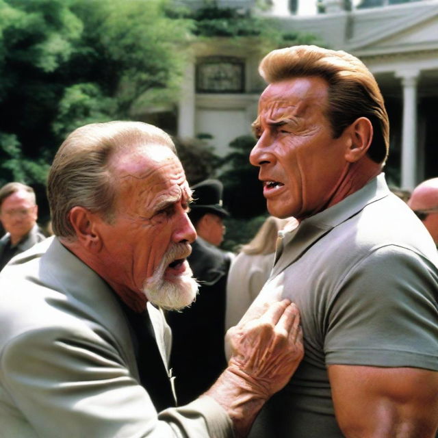 A tense scene captured in photorealistic detail of Arnold Schwarzenegger, as a sturdy bodyguard, adroitly immobilizing an old man using a professional restraining technique. The old man is depicted as not being in distress, just surprised.