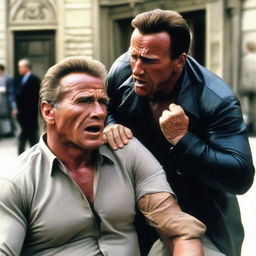 A tense scene captured in photorealistic detail of Arnold Schwarzenegger, as a sturdy bodyguard, adroitly immobilizing an old man using a professional restraining technique. The old man is depicted as not being in distress, just surprised.