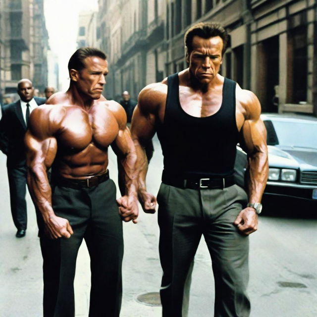 A striking, detailed image of Arnold Schwarzenegger, muscled and dressed as an imposing bodyguard, carefully immobilizing a long, extremely skinny old man. They are in an urban environment, the bodyguard acting tactfully to avoid causing harm.