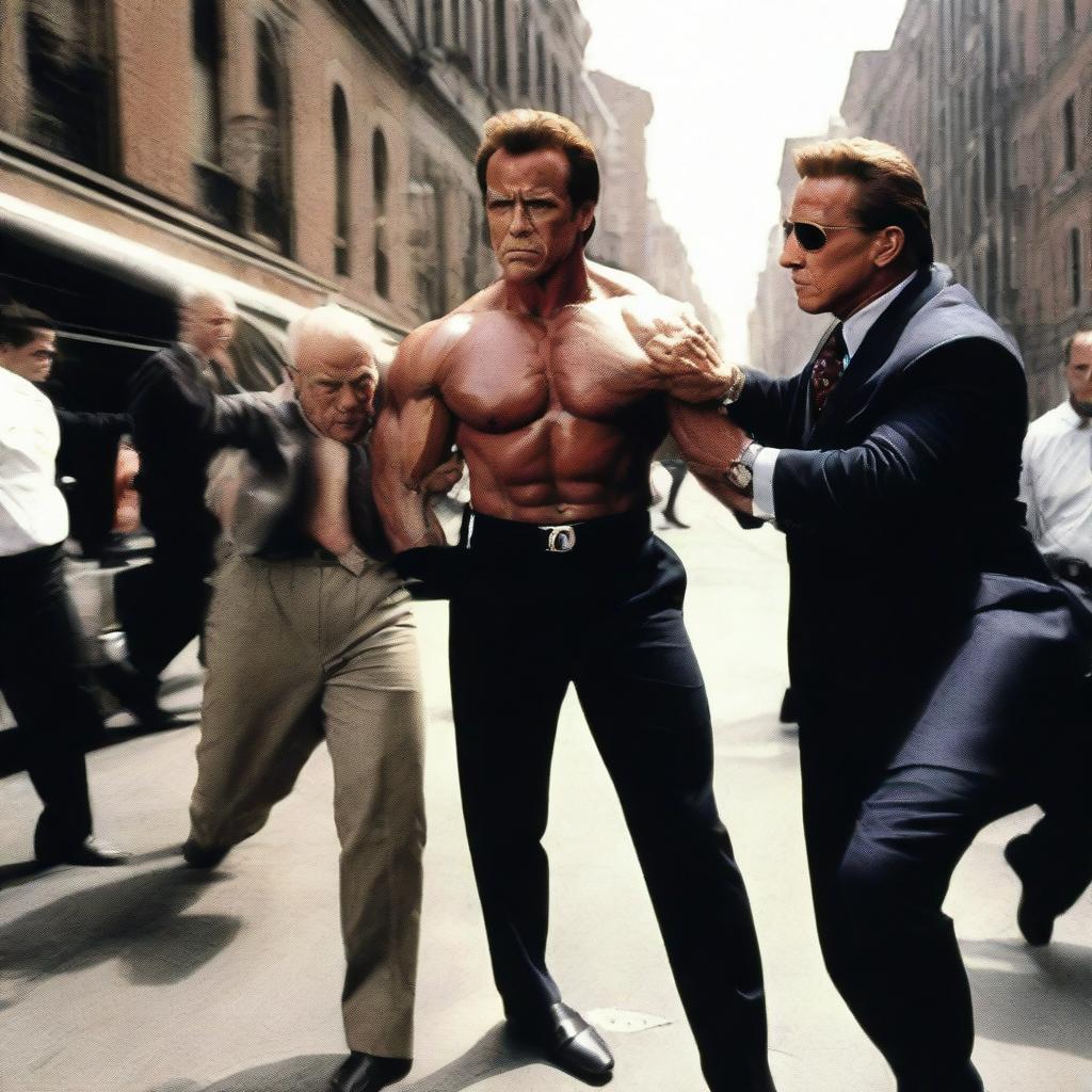 A striking, detailed image of Arnold Schwarzenegger, muscled and dressed as an imposing bodyguard, carefully immobilizing a long, extremely skinny old man. They are in an urban environment, the bodyguard acting tactfully to avoid causing harm.