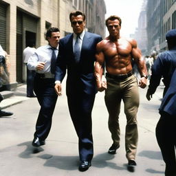 A striking, detailed image of Arnold Schwarzenegger, muscled and dressed as an imposing bodyguard, carefully immobilizing a long, extremely skinny old man. They are in an urban environment, the bodyguard acting tactfully to avoid causing harm.