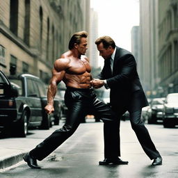 A striking, detailed image of Arnold Schwarzenegger, muscled and dressed as an imposing bodyguard, carefully immobilizing a long, extremely skinny old man. They are in an urban environment, the bodyguard acting tactfully to avoid causing harm.