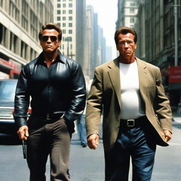 An intense, detailed image displaying Arnold Schwarzenegger as a robust bodyguard, stopping a highly skinny old man in his tracks without any harm. They stand in a bustling cityscape, with Schwarzenegger assertive and composed.