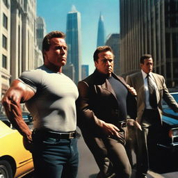 An intense, detailed image displaying Arnold Schwarzenegger as a robust bodyguard, stopping a highly skinny old man in his tracks without any harm. They stand in a bustling cityscape, with Schwarzenegger assertive and composed.