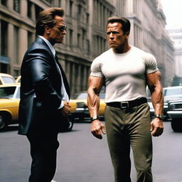 An intense, detailed image displaying Arnold Schwarzenegger as a robust bodyguard, stopping a highly skinny old man in his tracks without any harm. They stand in a bustling cityscape, with Schwarzenegger assertive and composed.