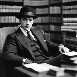 A thoughtful man in a suit, seated in an armchair, wearing a black hat, surrounded by books.