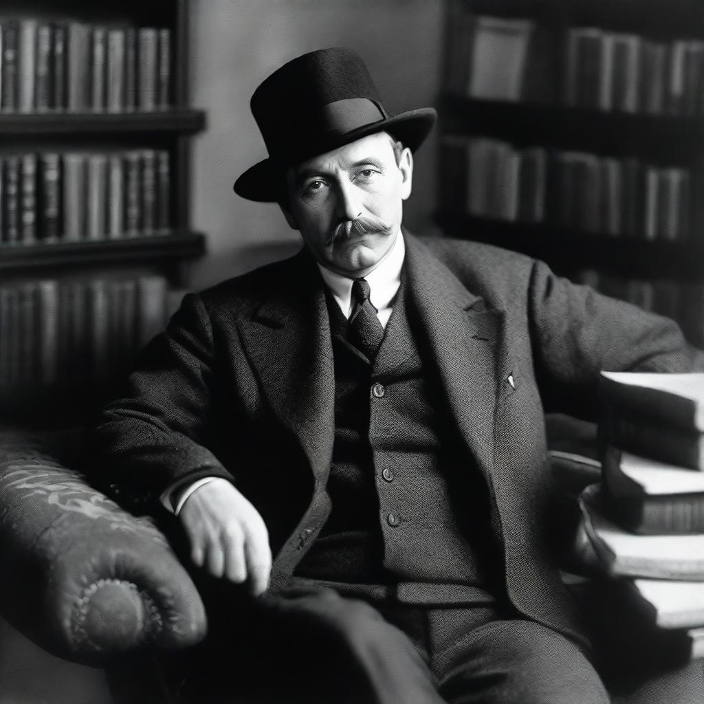 A thoughtful man in a suit, seated in an armchair, wearing a black hat, surrounded by books.