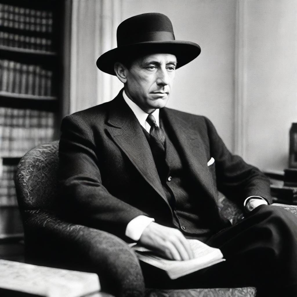 A thoughtful man in a suit, seated in an armchair, wearing a black hat, surrounded by books.