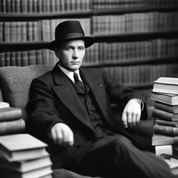 A thoughtful man in a suit, seated in an armchair, wearing a black hat, surrounded by books.