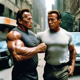 A tender, vibrant image of Arnold Schwarzenegger embodying a protective bodyguard, gently holding a frail and very skinny old man in his strong arms. They're set against an urban backdrop, evoking a sense of power coupled with gentleness.