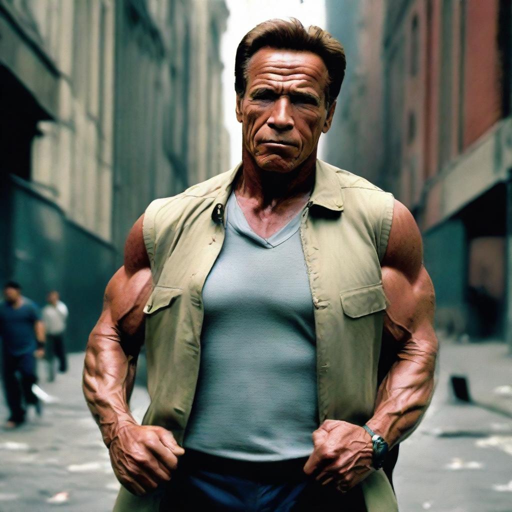 A tender, vibrant image of Arnold Schwarzenegger embodying a protective bodyguard, gently holding a frail and very skinny old man in his strong arms. They're set against an urban backdrop, evoking a sense of power coupled with gentleness.