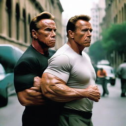 A tender, vibrant image of Arnold Schwarzenegger embodying a protective bodyguard, gently holding a frail and very skinny old man in his strong arms. They're set against an urban backdrop, evoking a sense of power coupled with gentleness.