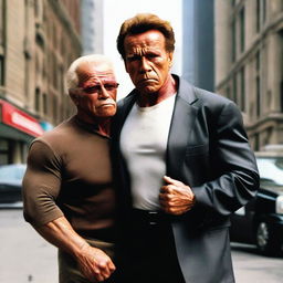 A tender, vibrant image of Arnold Schwarzenegger embodying a protective bodyguard, gently holding a frail and very skinny old man in his strong arms. They're set against an urban backdrop, evoking a sense of power coupled with gentleness.