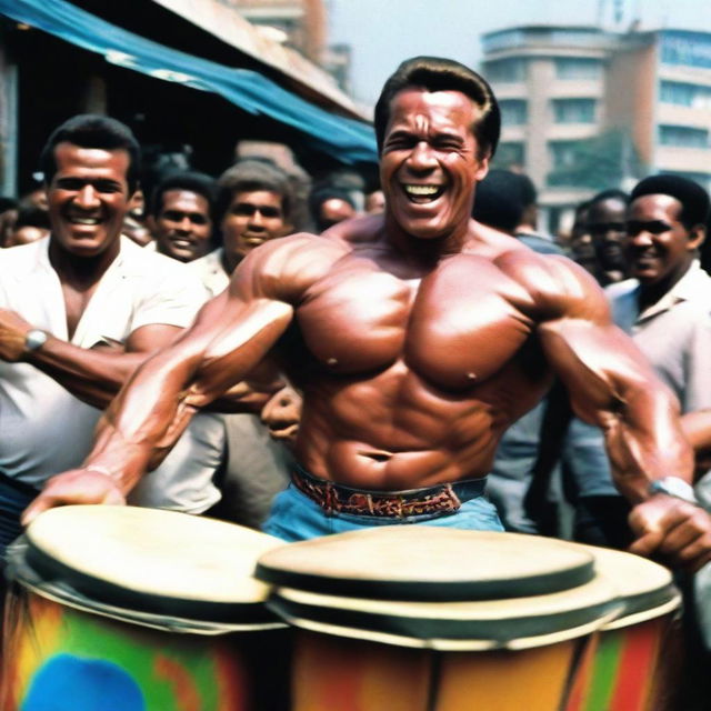 A lively and fun-filled image of Arnold Schwarzenegger, his muscular arms on display, as he passionately plays the bongo drums. He wears a broad smile, enjoying the beat, with the street party atmosphere of the background.