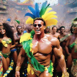 A vibrant and lively image of Arnold Schwarzenegger actively participating in the Brazilian Carnival. He's wearing colorful costume feathers, surrounded by samba dancers, swirling floats, and a crowd of revelers under a confetti-filled sky.