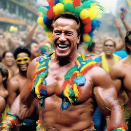 A vibrant and lively image of Arnold Schwarzenegger actively participating in the Brazilian Carnival. He's wearing colorful costume feathers, surrounded by samba dancers, swirling floats, and a crowd of revelers under a confetti-filled sky.