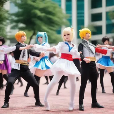In the anime convention, cosplayers decided to form a medley group, dressing up as characters from different anime series and performing synchronized dances.