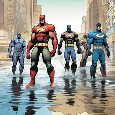 In a dystopian world where the dry season is a constant threat, a group of superheroes emerges to protect their city and ensure water security, as depicted in this comic series.