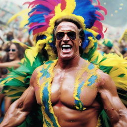 A vibrant and lively image of Arnold Schwarzenegger actively participating in the Brazilian Carnival. He's wearing colorful costume feathers, surrounded by samba dancers, swirling floats, and a crowd of revelers under a confetti-filled sky.