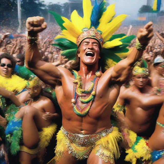 A vibrant and lively image of Arnold Schwarzenegger actively participating in the Brazilian Carnival. He's wearing colorful costume feathers, surrounded by samba dancers, swirling floats, and a crowd of revelers under a confetti-filled sky.