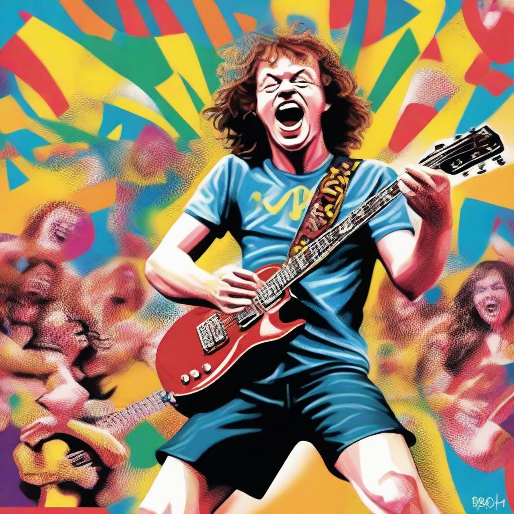 An energetic, jubilant illustration of Angus Young, lead guitarist of AC/DC, rocking out at the Brazilian Carnival. He's in his iconic schoolboy outfit, performing a lively guitar solo amidst samba dancers and vibrant festival floats.