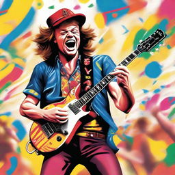 An energetic, jubilant illustration of Angus Young, lead guitarist of AC/DC, rocking out at the Brazilian Carnival. He's in his iconic schoolboy outfit, performing a lively guitar solo amidst samba dancers and vibrant festival floats.