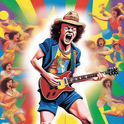 An energetic, jubilant illustration of Angus Young, lead guitarist of AC/DC, rocking out at the Brazilian Carnival. He's in his iconic schoolboy outfit, performing a lively guitar solo amidst samba dancers and vibrant festival floats.