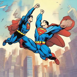 Superman and Spiderman in mid-air, enthusiastically high-fiving each other with a dynamic cityscape as their background.