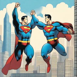 Superman and Spiderman in mid-air, enthusiastically high-fiving each other with a dynamic cityscape as their background.