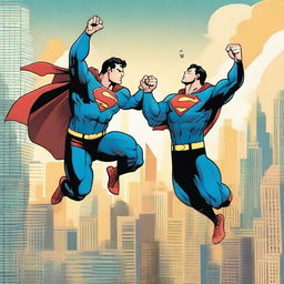 Superman and Spiderman in mid-air, enthusiastically high-fiving each other with a dynamic cityscape as their background.