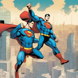 Superman and Spiderman in mid-air, enthusiastically high-fiving each other with a dynamic cityscape as their background.