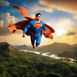 Superman soars high in the sky over the breathtaking landscapes of Sri Lanka, with the sun setting in the background casting an orange glow.